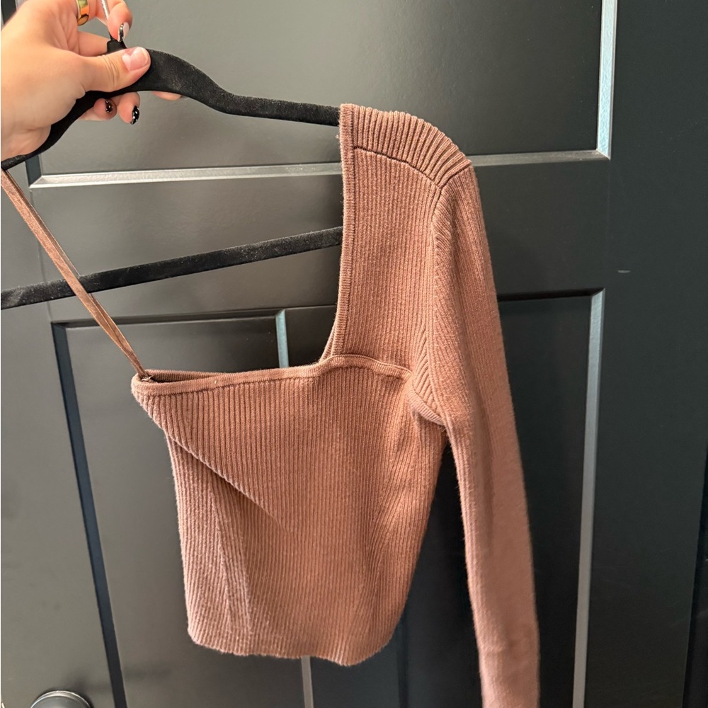 Brown Ribbed One-Shoulder Top - Picture 2 of 3